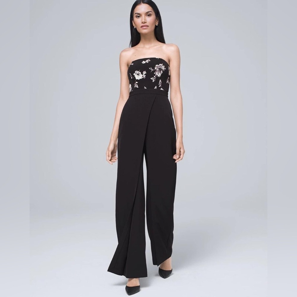 White House Black Market Black Jumpsuit with White Floral Bust, Size 10